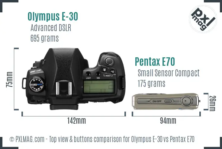 Olympus E-30 vs Pentax E70 top view buttons comparison