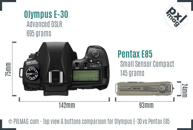 Olympus E-30 vs Pentax E85 top view buttons comparison