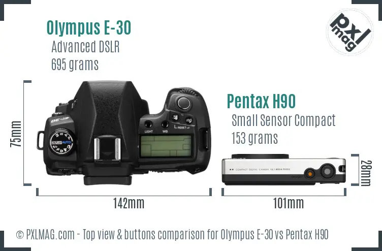 Olympus E-30 vs Pentax H90 top view buttons comparison