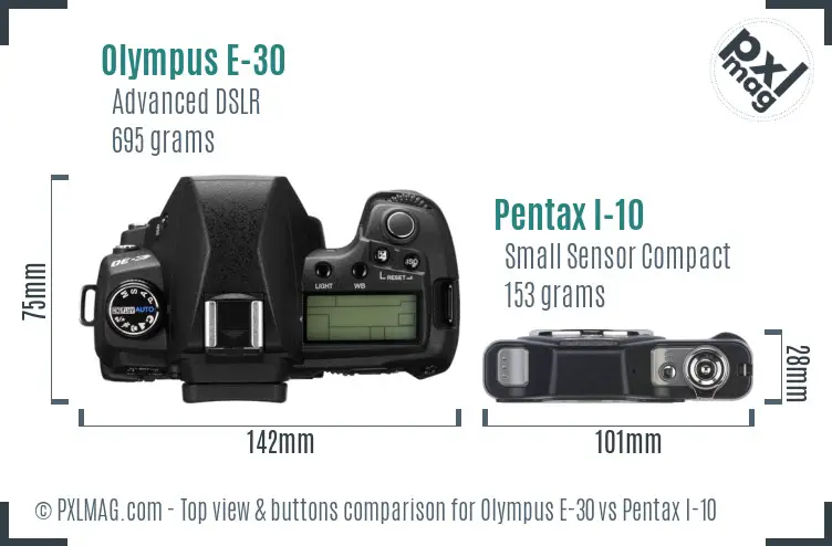 Olympus E-30 vs Pentax I-10 top view buttons comparison