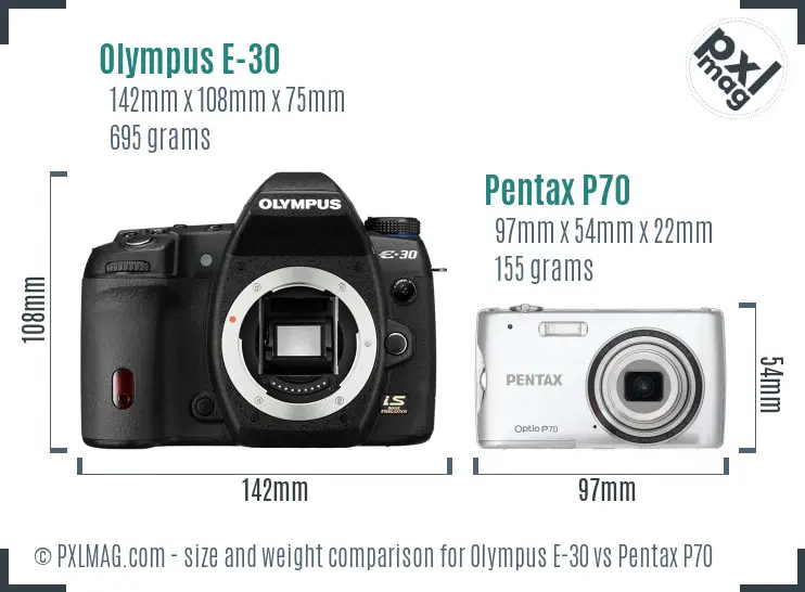 Olympus E-30 vs Pentax P70 size comparison