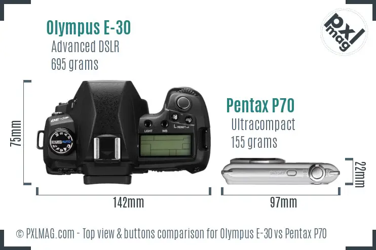 Olympus E-30 vs Pentax P70 top view buttons comparison