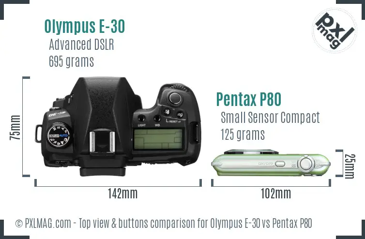 Olympus E-30 vs Pentax P80 top view buttons comparison