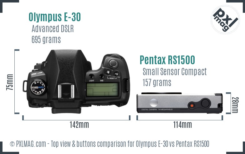 Olympus E-30 vs Pentax RS1500 top view buttons comparison