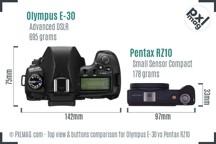 Olympus E-30 vs Pentax RZ10 top view buttons comparison