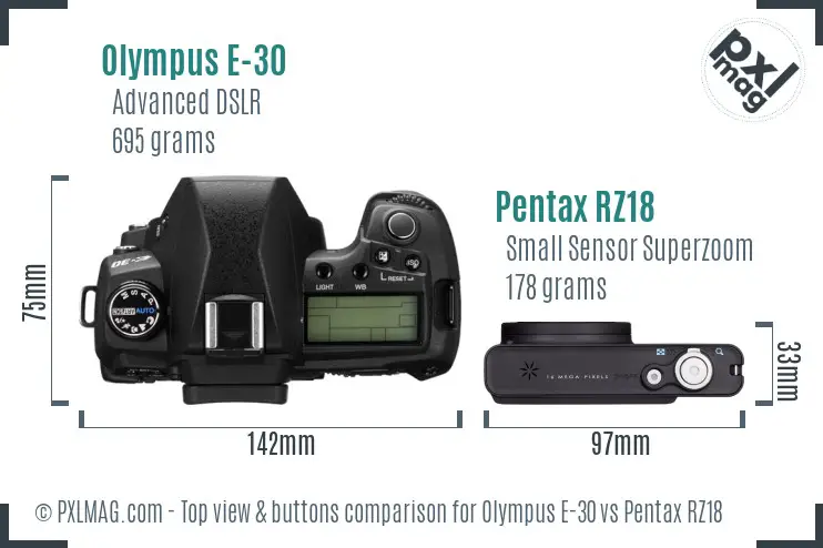 Olympus E-30 vs Pentax RZ18 top view buttons comparison