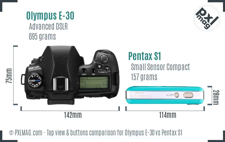 Olympus E-30 vs Pentax S1 top view buttons comparison