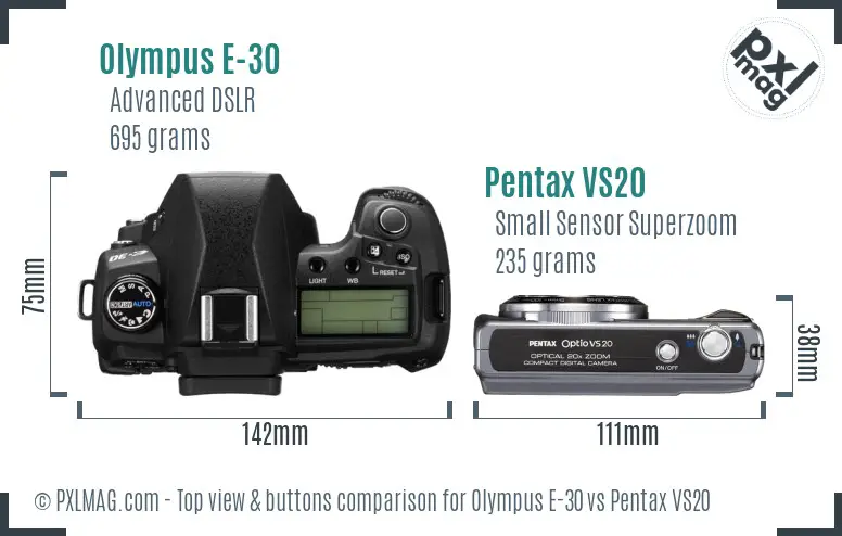 Olympus E-30 vs Pentax VS20 top view buttons comparison