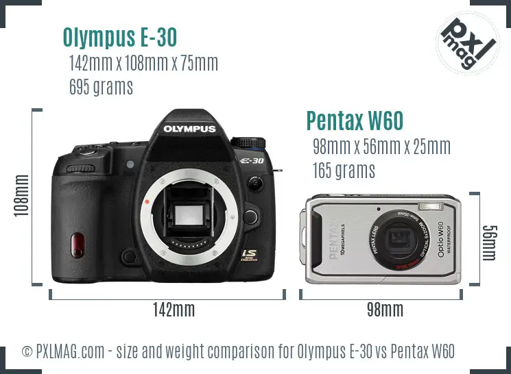Olympus E-30 vs Pentax W60 size comparison