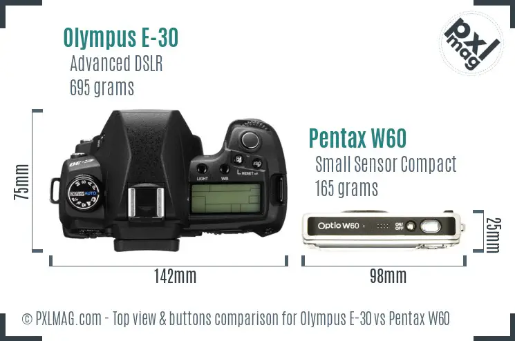 Olympus E-30 vs Pentax W60 top view buttons comparison