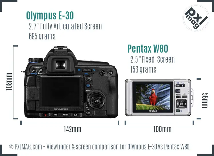 Olympus E-30 vs Pentax W80 Screen and Viewfinder comparison