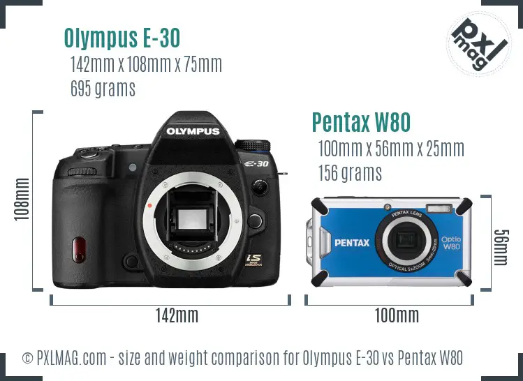Olympus E-30 vs Pentax W80 size comparison