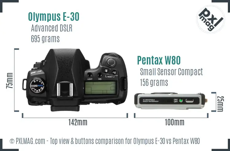 Olympus E-30 vs Pentax W80 top view buttons comparison