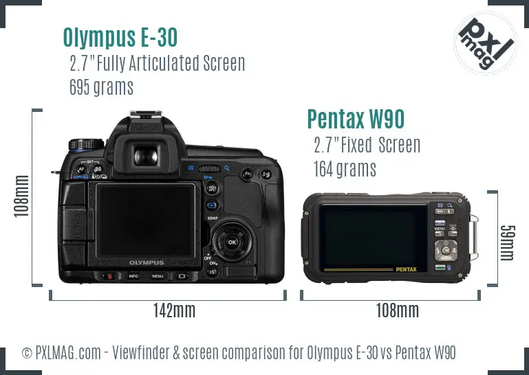 Olympus E-30 vs Pentax W90 Screen and Viewfinder comparison