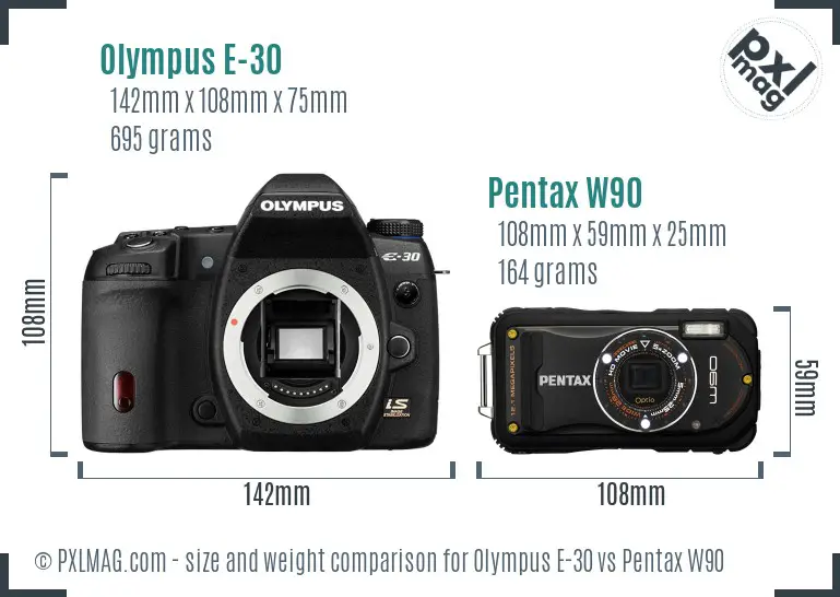 Olympus E-30 vs Pentax W90 size comparison