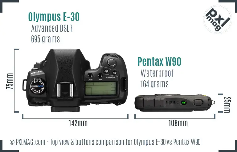 Olympus E-30 vs Pentax W90 top view buttons comparison
