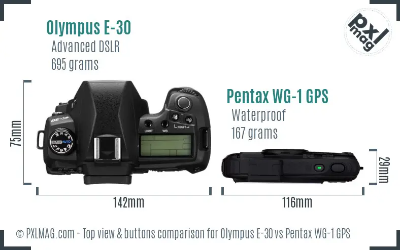 Olympus E-30 vs Pentax WG-1 GPS top view buttons comparison