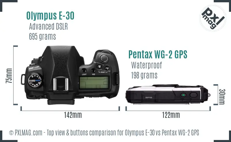 Olympus E-30 vs Pentax WG-2 GPS top view buttons comparison