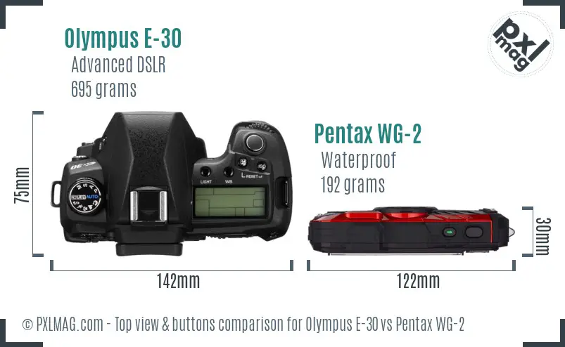 Olympus E-30 vs Pentax WG-2 top view buttons comparison