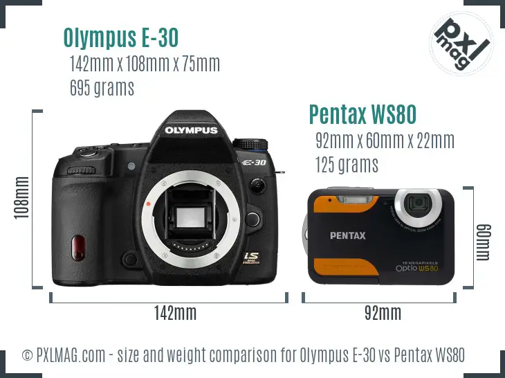 Olympus E-30 vs Pentax WS80 size comparison