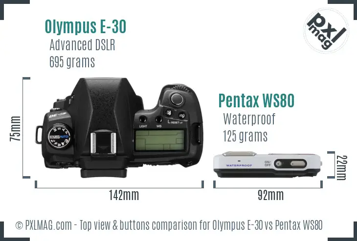 Olympus E-30 vs Pentax WS80 top view buttons comparison