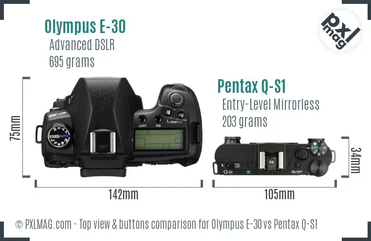Olympus E-30 vs Pentax Q-S1 top view buttons comparison