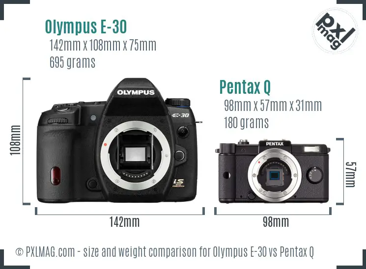 Olympus E-30 vs Pentax Q size comparison