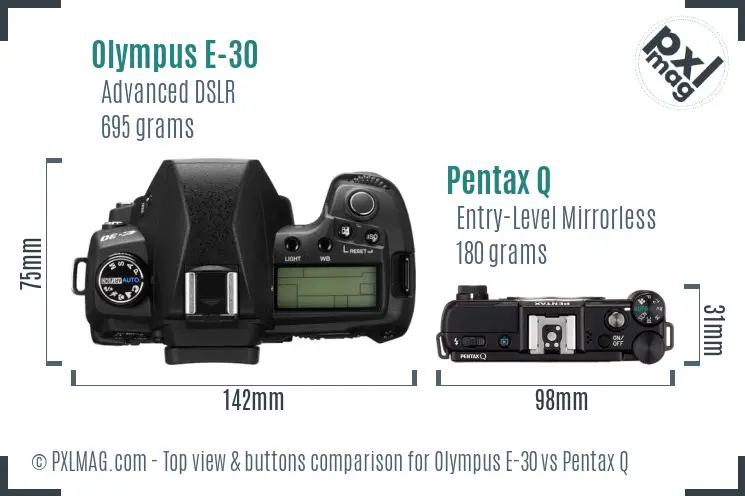 Olympus E-30 vs Pentax Q top view buttons comparison