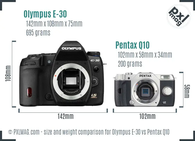 Olympus E-30 vs Pentax Q10 size comparison