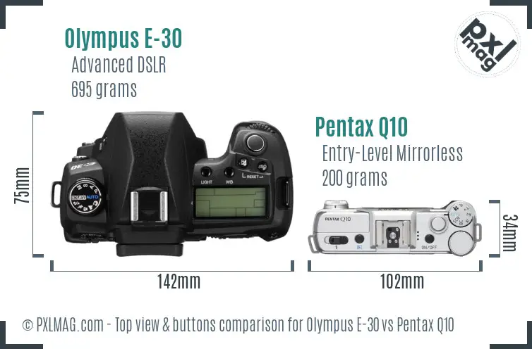 Olympus E-30 vs Pentax Q10 top view buttons comparison