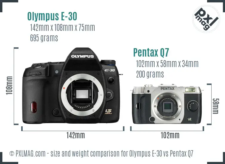 Olympus E-30 vs Pentax Q7 size comparison