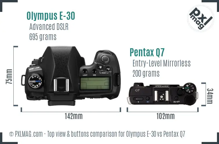 Olympus E-30 vs Pentax Q7 top view buttons comparison
