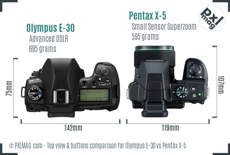 Olympus E-30 vs Pentax X-5 top view buttons comparison