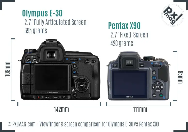 Olympus E-30 vs Pentax X90 Screen and Viewfinder comparison