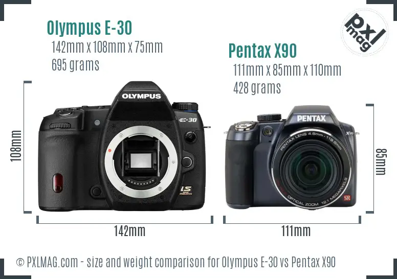Olympus E-30 vs Pentax X90 size comparison