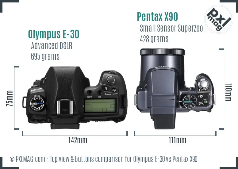Olympus E-30 vs Pentax X90 top view buttons comparison