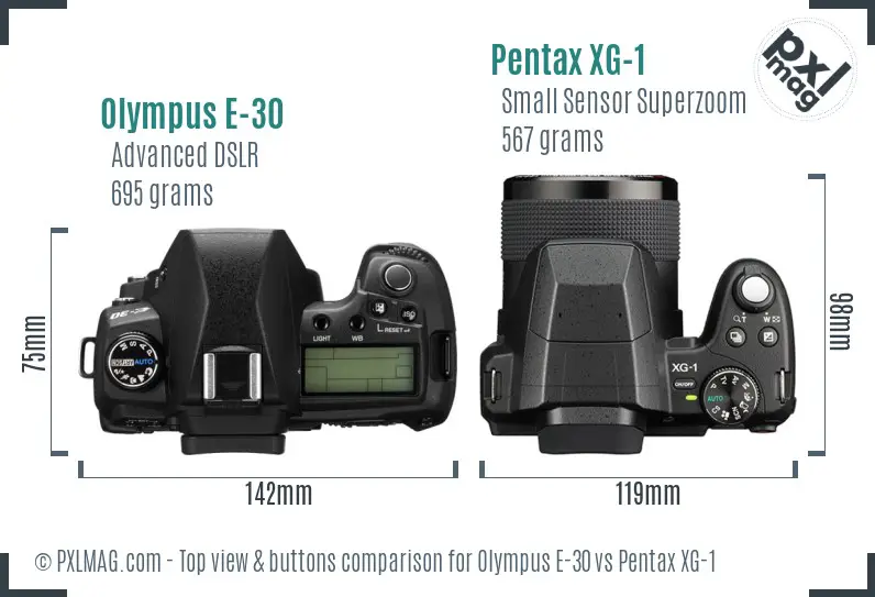 Olympus E-30 vs Pentax XG-1 top view buttons comparison