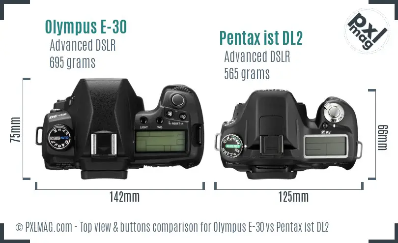 Olympus E-30 vs Pentax ist DL2 top view buttons comparison