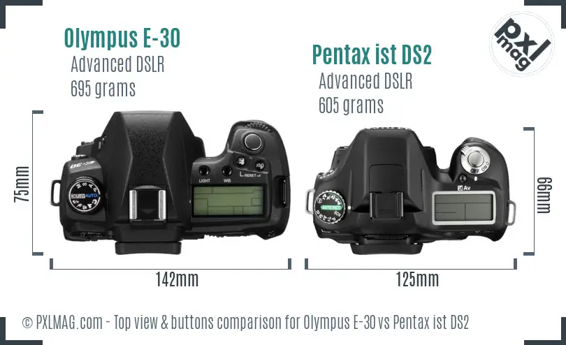 Olympus E-30 vs Pentax ist DS2 top view buttons comparison
