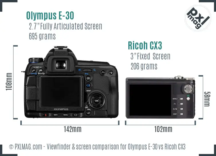 Olympus E-30 vs Ricoh CX3 Screen and Viewfinder comparison