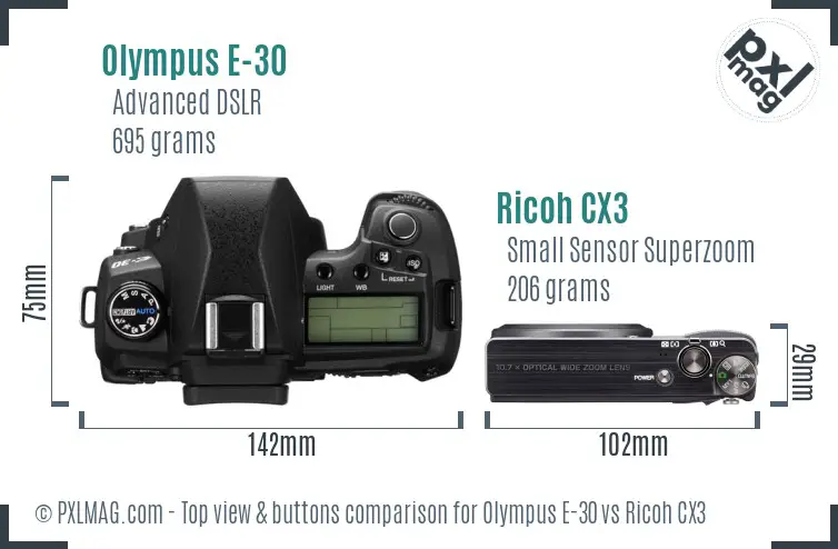Olympus E-30 vs Ricoh CX3 top view buttons comparison