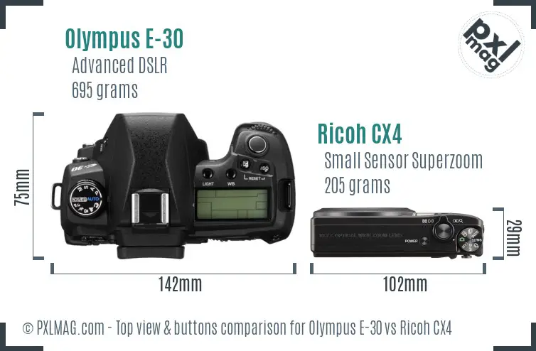 Olympus E-30 vs Ricoh CX4 top view buttons comparison Olympus E-30 vs Ricoh CX4 top view buttons comparison