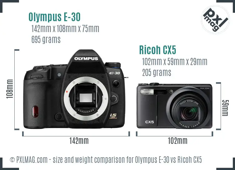 Olympus E-30 vs Ricoh CX5 size comparison Olympus E-30 vs Ricoh CX5 size comparison