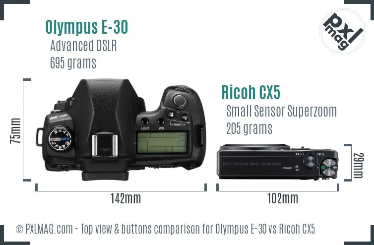 Olympus E-30 vs Ricoh CX5 top view buttons comparison Olympus E-30 vs Ricoh CX5 top view buttons comparison