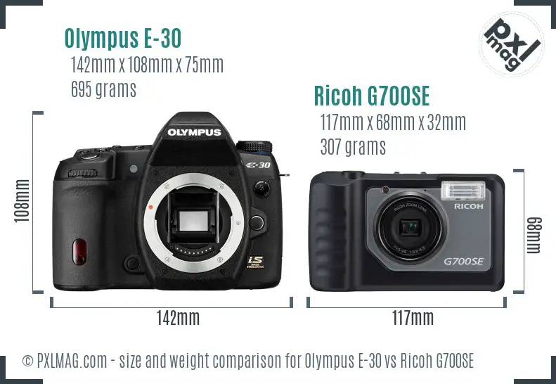 Olympus E-30 vs Ricoh G700SE size comparison