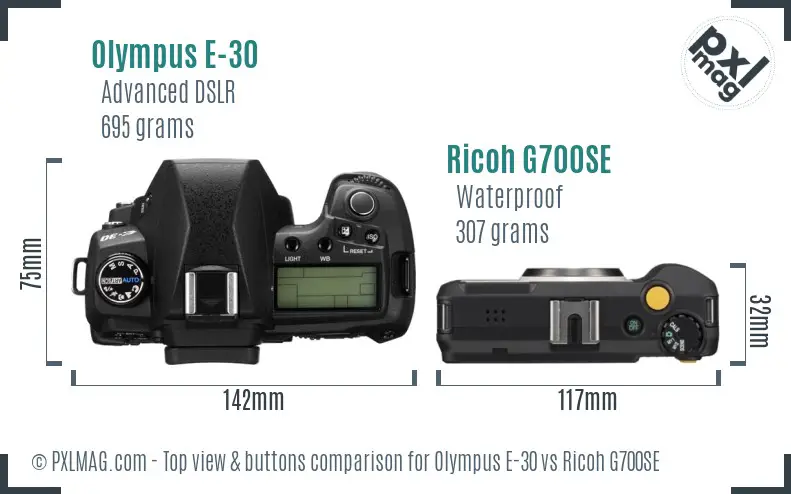 Olympus E-30 vs Ricoh G700SE top view buttons comparison