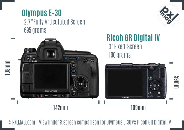 Olympus E-30 vs Ricoh GR Digital IV Screen and Viewfinder comparison