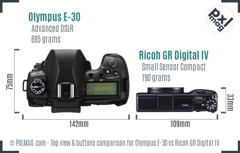 Olympus E-30 vs Ricoh GR Digital IV top view buttons comparison