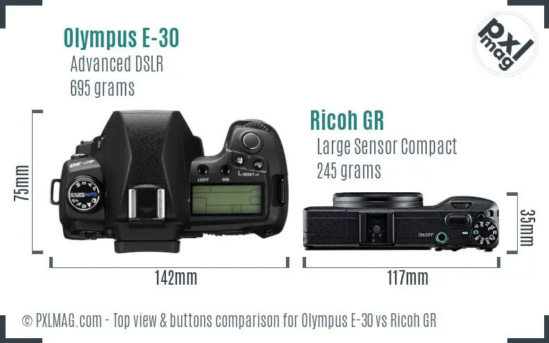 Olympus E-30 vs Ricoh GR top view buttons comparison