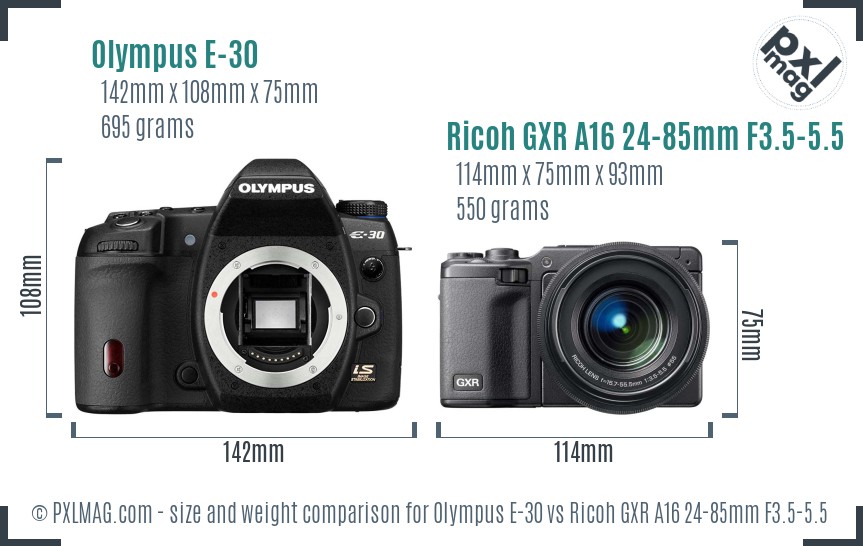 Olympus E-30 vs Ricoh GXR A16 24-85mm F3.5-5.5 size comparison
